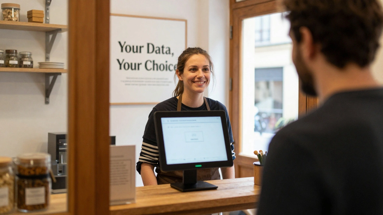 A bakery owner in Marseille shows a customer a clear, simple option to consent to data collection.