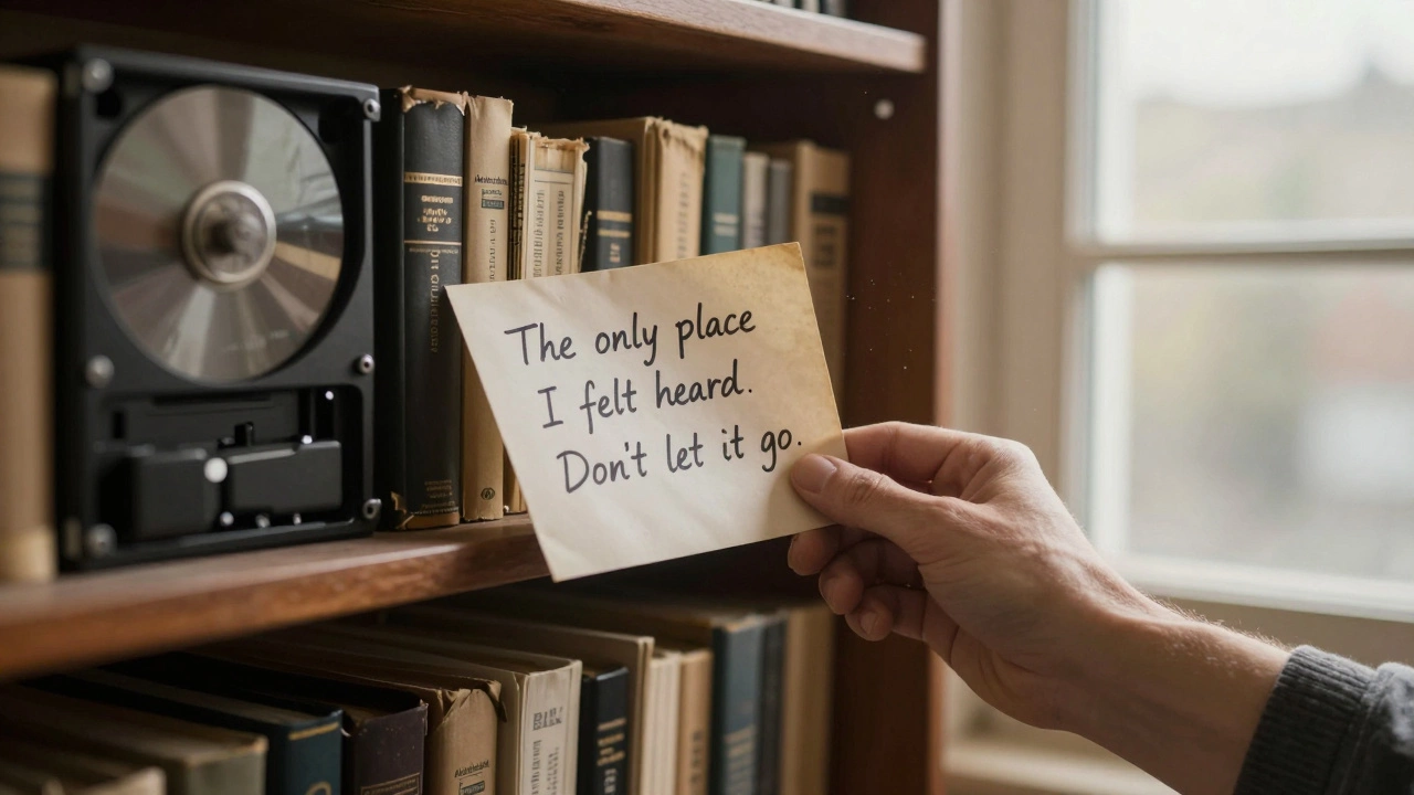 A hand placing a handwritten note into a bookshelf filled with old hard drives and printed archives labeled &#039;Aladinharem.link&#039;.