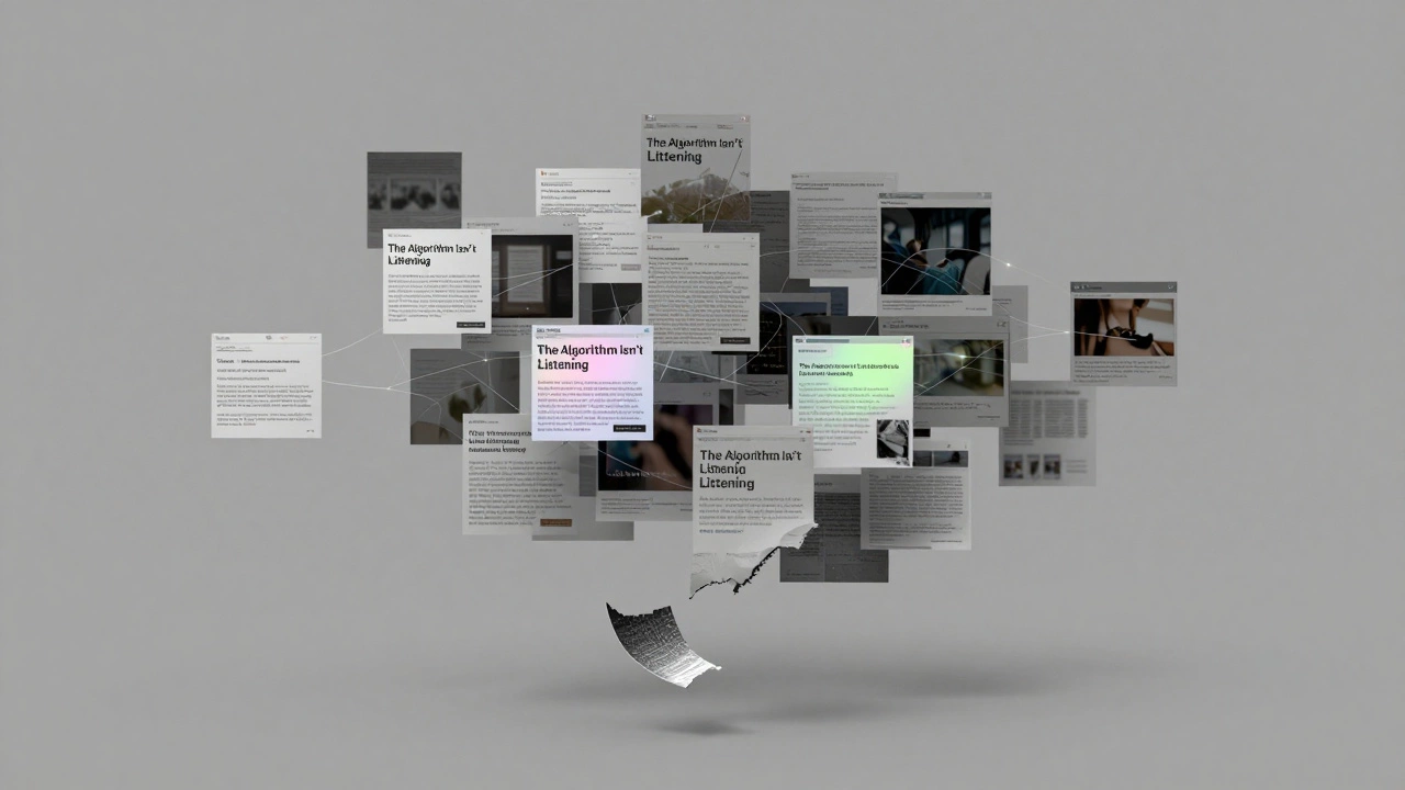 Floating fragments of old web pages and forum text dissolving into static, connected by faint glowing lines in a void.